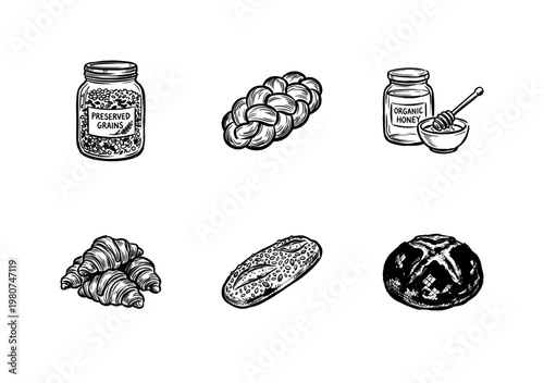 Bakery Bread and Natural Honey Collection with Inky Brush Strokes and Hand-Drawn Painterly Aesthetic