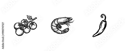 Italian Cuisine and Mediterranean Ingredients with Hand-Drawn Ink Brush Strokes and Vintage Etched Detail