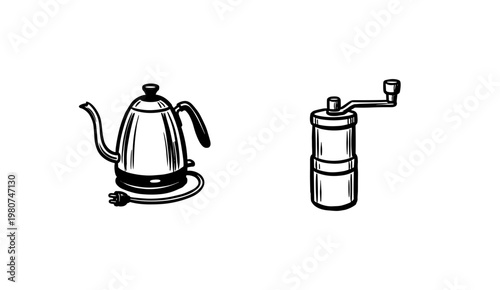 Coffee Brewing Equipment and Kitchen Cafe Tools with Hand-Drawn Inky Brushwork and Fluid Calligraphic Strokes