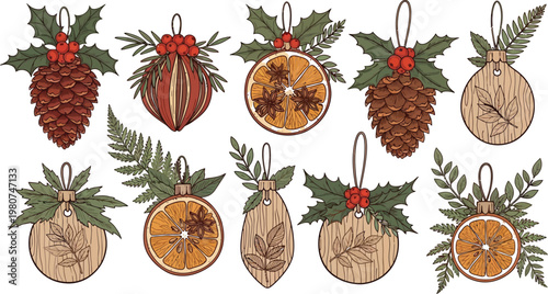 Creative holiday ornaments designed with copper penny and pinecone themes Vector