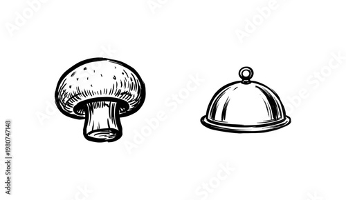 Culinary Kitchen Ingredients and Restaurant Cooking Equipment in Hand-Drawn Inky Brushwork Style
