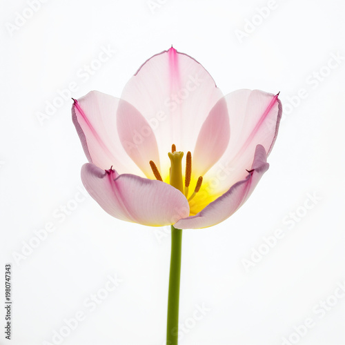 Elegant Pink Tulip Flower in Full Bloom with Yellow Center and Orange Stamens Isolated on White Background, Delicate Macro Photography of Single Fresh Spring Blossom