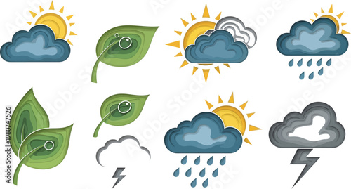 Illustrations of weather conditions and plant interactions with the environment Vector
