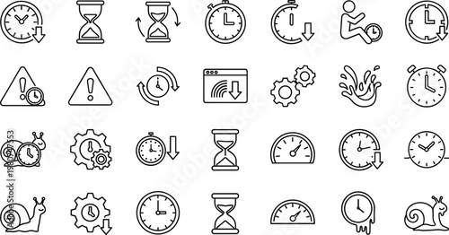 Time management deadline countdown and productivity icon set with clock hourglass schedule warning speed performance symbols collection