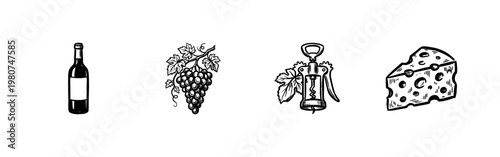 Wine Production and Vineyard Tasting Elements with Hand-Drawn Inky Brush Strokes and Painterly Ink Wash Style