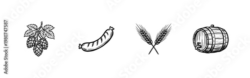 Beer Brewing Ingredients and Pub Food Elements with Hand-Drawn Inky Brushwork and Organic Calligraphic Lines