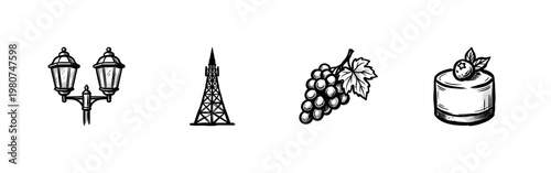 French Culture and Paris Travel Elements with Hand-Drawn Inky Brush Strokes and Organic Calligraphic Lines