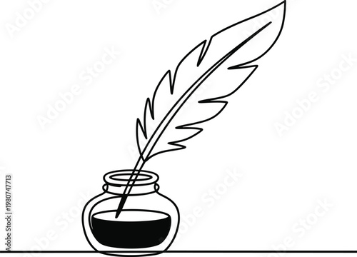 Black and white line of a feather quill pen resting in an inkwell