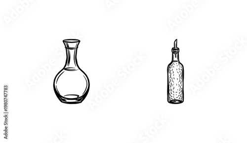 Wine Bottles and Glassware Beverage Containers with Hand-Drawn Inky Brushwork and Painterly Fluid Strokes
