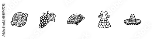 Spanish Culture and Mediterranean Cuisine Elements with Hand-Drawn Painterly Style and Fluid Ink Brush Strokes