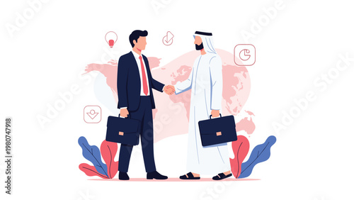 Professional handshake between a Western businessman and a man in traditional Middle Eastern dress to show global partnership.