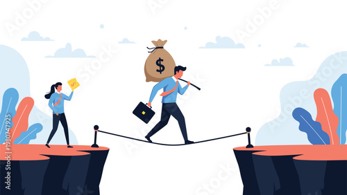 Daring businessman balancing on a tightrope over a canyon while carrying a heavy bag of money and a briefcase.