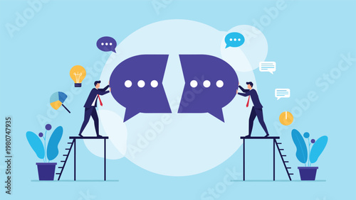 Two professional businessmen working together to connect two separate pieces of a giant purple speech bubble symbol.