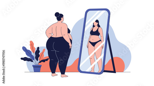 Concept of body dysmorphia showing a plus-size woman seeing a much thinner version of herself in a full-length mirror.