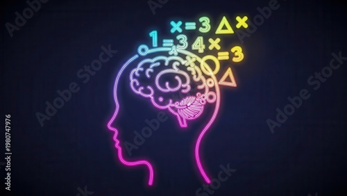 Vibrant Neon Outline of a Human Brain Engaged in Complex Mathematical Thought Processes and