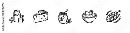 Dairy Products and Farm Fresh Breakfast Foods in Hand-Drawn Inky Brushstroke Style