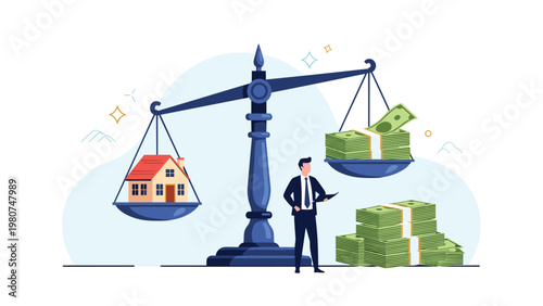 Businessman balancing a model house against stacks of money on a large set of scales to represent real estate value.