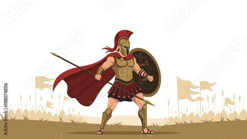 Brave Spartan warrior holding a spear and shield standing ready for battle on a field with an army in the background.