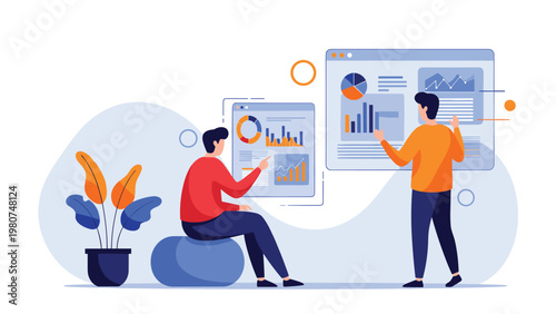 Two analysts working together to study various data charts, graphs, and statistics on large interactive digital screens.
