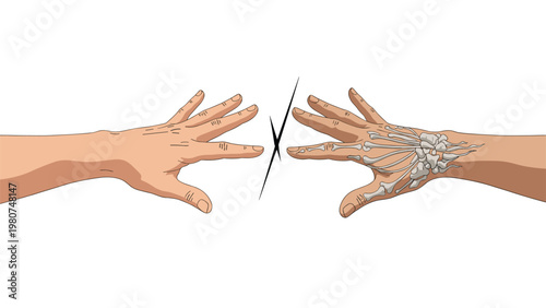 Artistic concept showing a real human hand and a skeletal X-ray hand reaching towards each other but separated by a line.