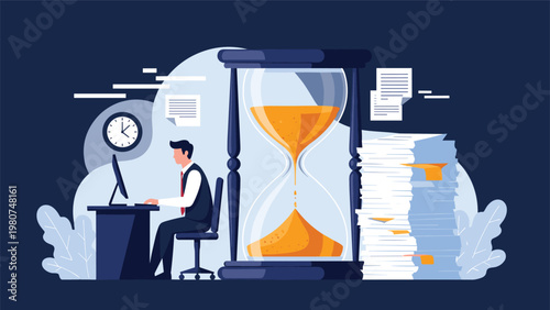 Busy businessman working at his desk under pressure with a giant hourglass and large stacks of paperwork representing deadlines.