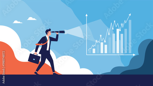 Businessman looking through a telescope at a glowing upward-trending bar chart and graph representing financial growth.