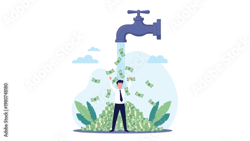 Successful male entrepreneur standing with arms raised under a large faucet pouring a steady stream of cash and paper currency.
