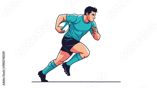 Dynamic illustration of a male rugby player in a turquoise jersey running with the ball during an intense sports competition.
