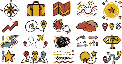 Hand drawn travel doodle set with compass, map, and suitcase for vacation and tourism design.