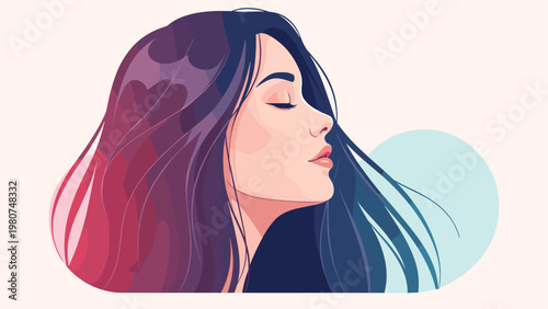 Serene profile of a beautiful woman with long dark hair closed eyes and a calm expression against a soft pastel background.