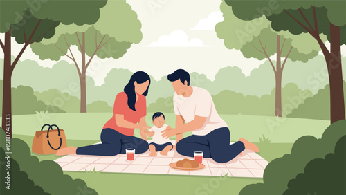 Happy young family consisting of father mother and child having a relaxing picnic on a blanket in a beautiful green forest park.