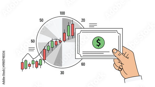 Hand holding a dollar banknote in front of a circular financial trading chart with candlestick graphs for stock market analysis.