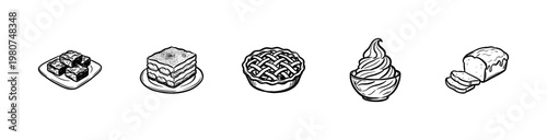 Gourmet Desserts and Sweet Pastry Bakery Items with Hand-Drawn Inky Brush Strokes in Painterly Artistic Style