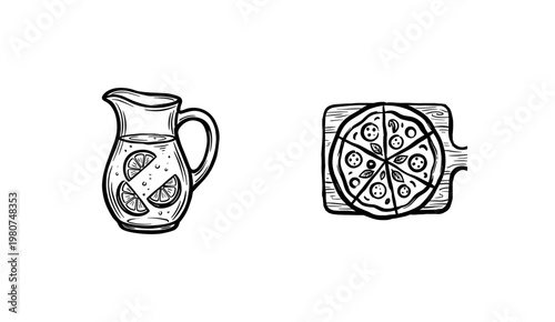 Italian Cuisine and Refreshing Beverages Food Set with Hand-Drawn Inky Brushwork and Organic Painterly Strokes