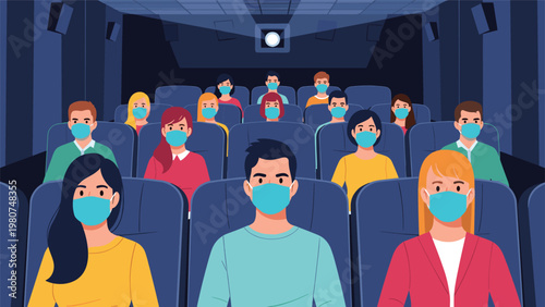 Diverse crowd of people wearing face masks and sitting in a cinema theater while maintaining social distance during a pandemic.