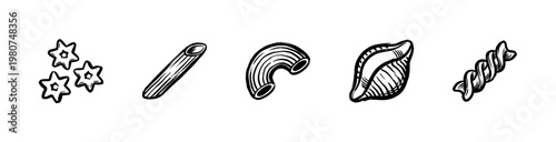 Italian Pasta Varieties and Traditional Flour Products in Hand-Drawn Inky Brushstroke Style