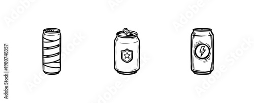 Beverage Cans and Aluminum Soda Containers with Inky Brushwork and Hand-Drawn Painterly Style