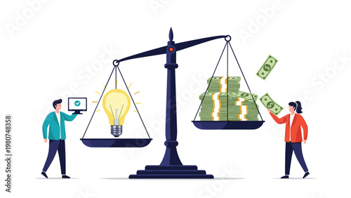 Large mechanical scales balancing a glowing light bulb on one side and stacks of cash on the other side with two professionals.