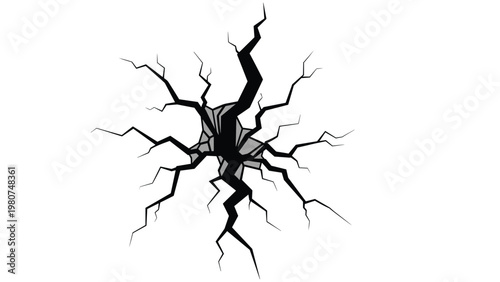 Abstract black and white illustration of a deeply cracked surface with multiple fissures radiating from a central damaged point.