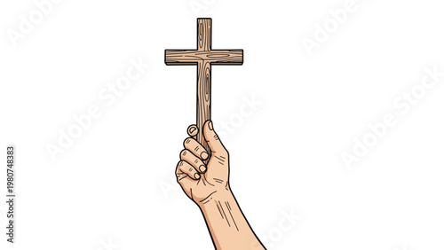 Human hand holding up a simple wooden christian cross against a plain white background representing faith and spirituality.