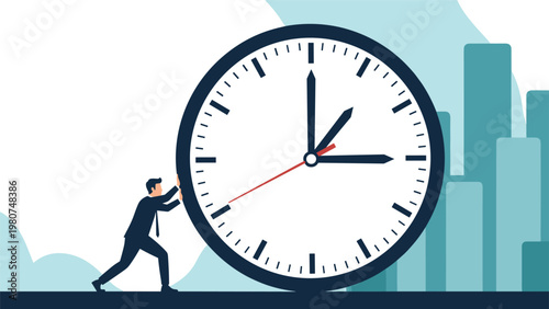 Determined businessman pushing a massive analog clock forward against a city skyline backdrop symbolizing time management and speed.