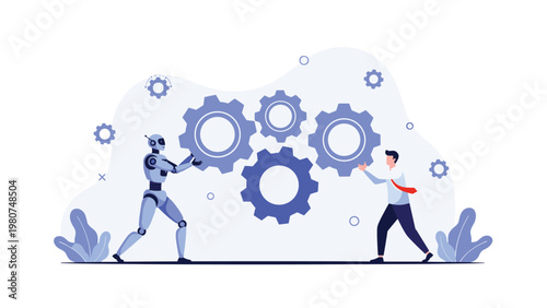 Human businessman and a modern robot working together to move large blue gears representing man machine collaboration.