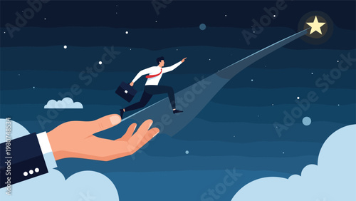 Small businessman running along a plank held by a giant hand toward a bright golden star in a dark night sky with clouds.