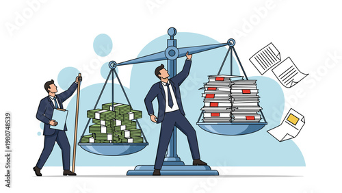 Giant scales balancing stacks of dollar bills against piles of paper documents with two businessmen overseeing the balance.