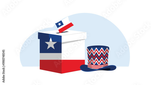 Official ballot box and a patterned top hat decorated with the colors and star of the Chilean flag for election day voting.