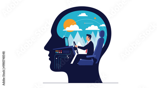 Silhouette of a human head containing a businessman driving a car through a scenic mountain landscape with a bright sun.