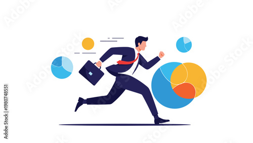Businessman running quickly with a briefcase while surrounded by various colorful pie charts and data infographic elements.