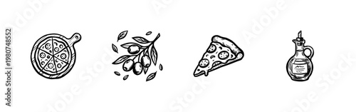 Italian Cuisine and Mediterranean Cooking Ingredients with Hand-Drawn Inky Brushwork and Vintage Sketch Aesthetic