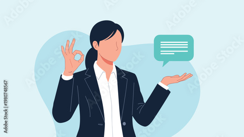 Professional woman in a dark suit gesturing an okay sign while presenting a floating green speech bubble with text lines.
