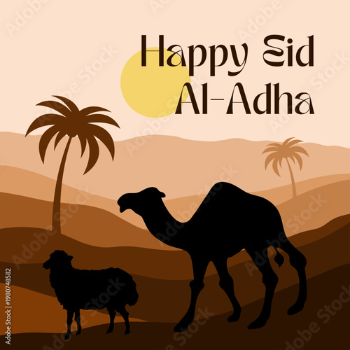 Camel caravan in desert sunset with sand dunes vector illustration